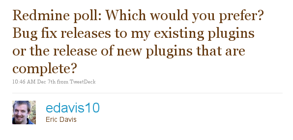 Redmine poll: Which would you prefer? Bug fix releases to my existing plugins or the release of new plugins that are complete?